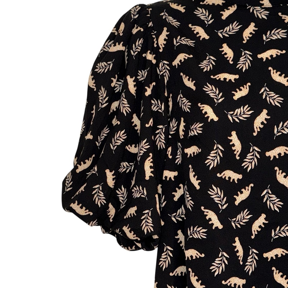 THML Leopard Leaf Print Mock Neck Puff Sleeve Black Blouse NWT $69 Small‎ - Picture 4 of 8
